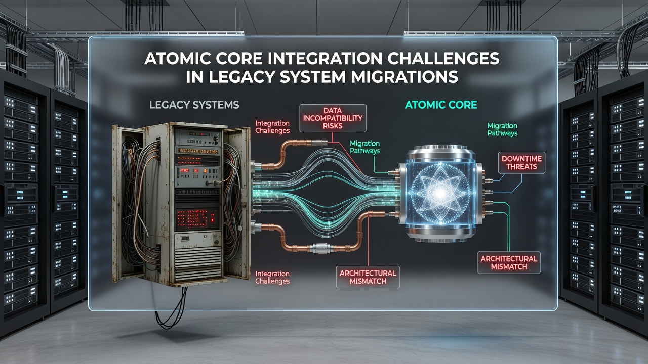 Technical flowchart illustrating middleware adapters connecting atomic core services to mainframe transaction processors and legacy APIs